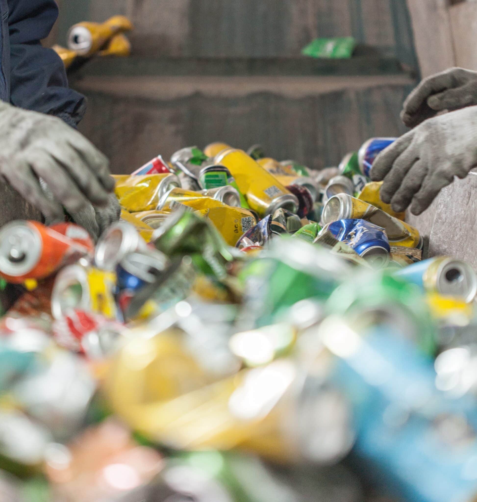 Aluminum cans being sorted at a recycling facility